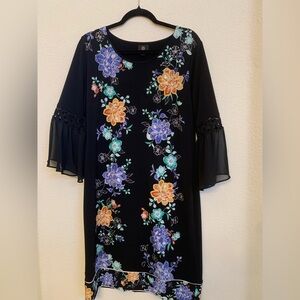 JM Collection Black Dress with Floral Patterns and Bell Sleeves